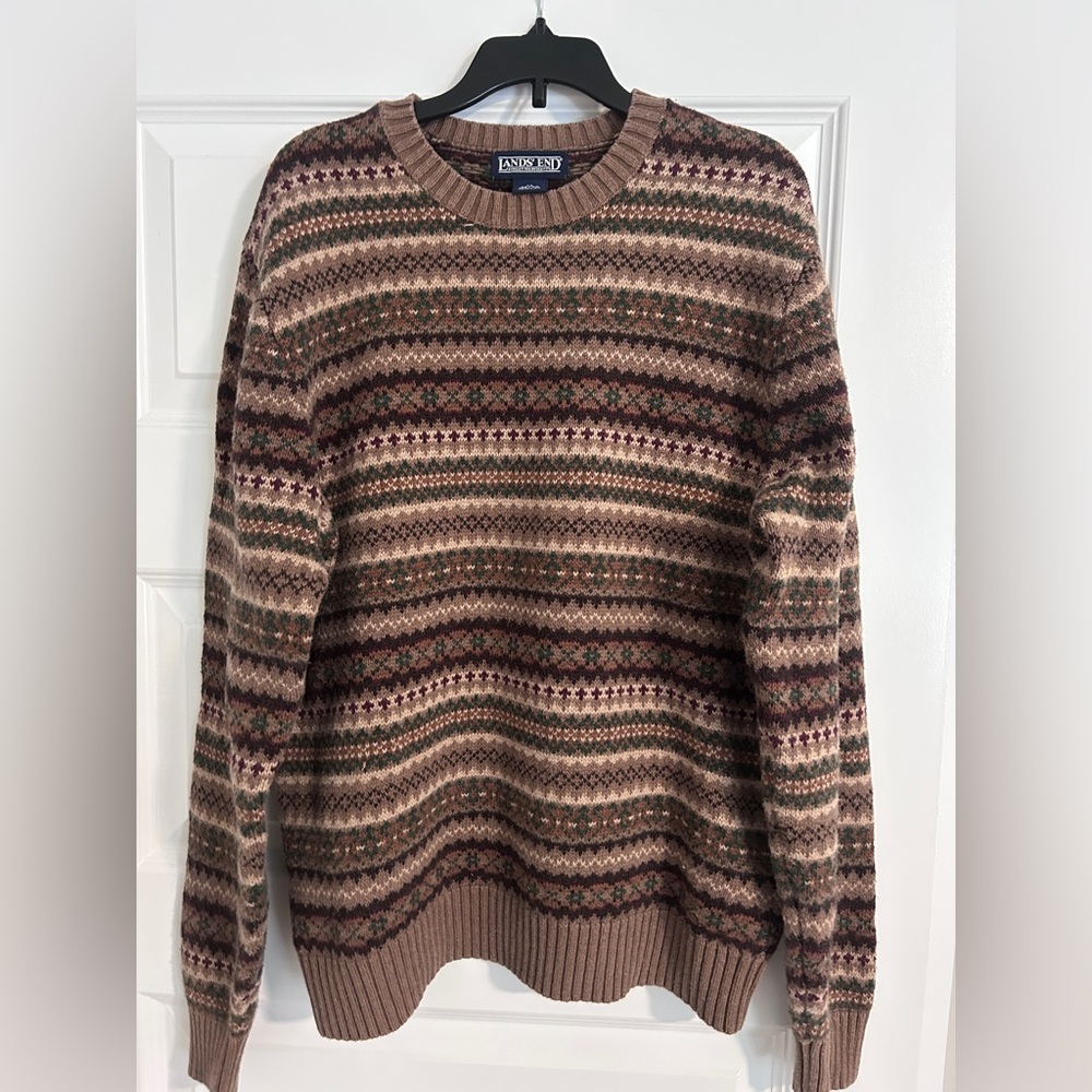 Lands' End Men's Brown and Tan Patterned Crewneck Sweater